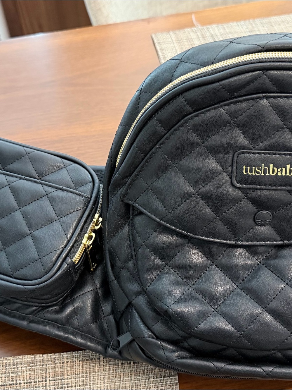 Tushbaby Black Quilted Kids Backpack with Gold Accents